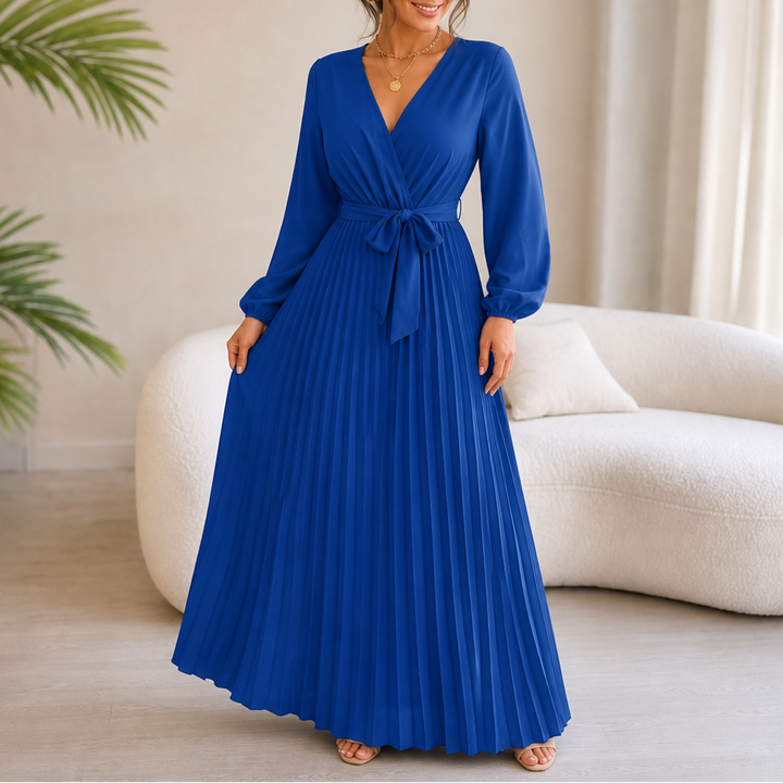 Lunavia – Pleated Wrap-Neck High-Waisted Maxi Dress