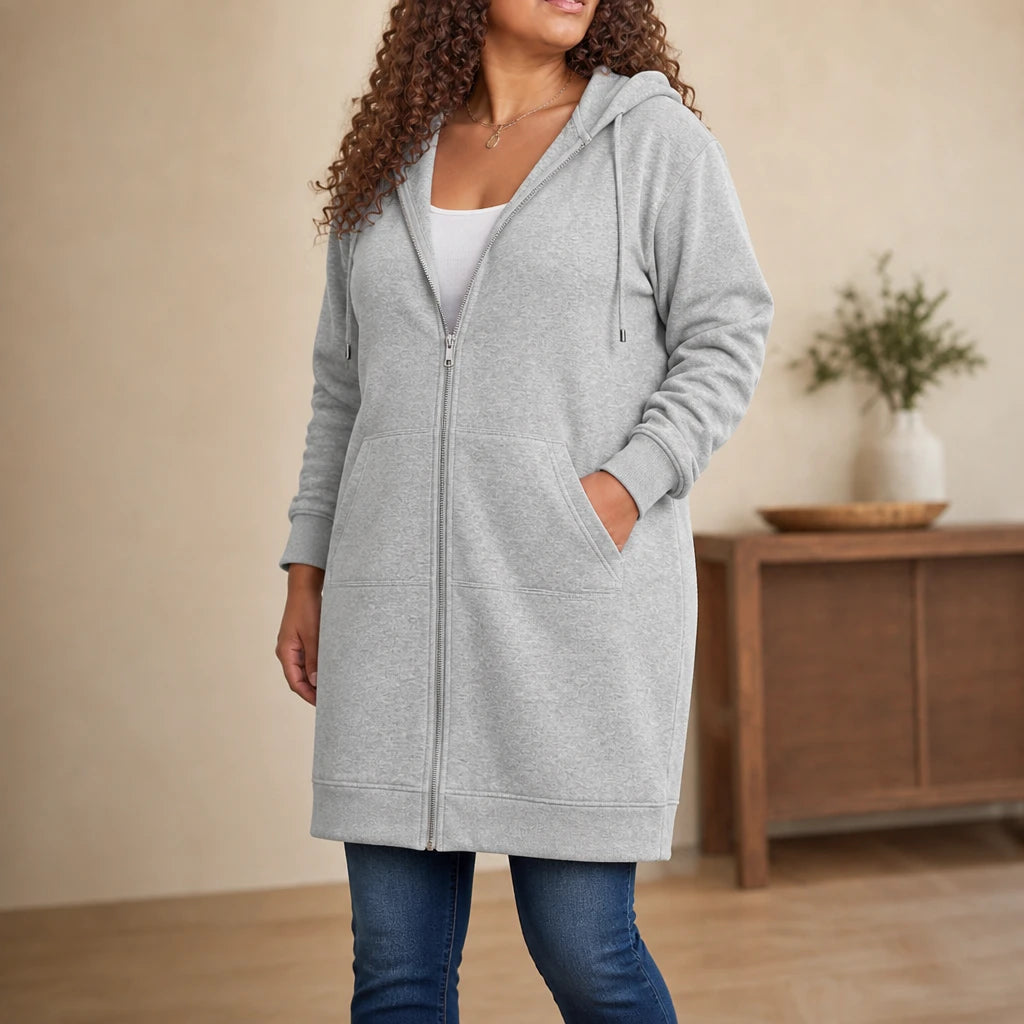 Cozyline – Knee-Length Fleece-Lined Zip-Up Hoodie