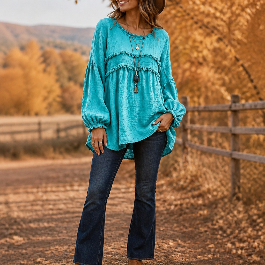 Wovella – Fringe-Trim Pleated-Sleeve Boho Blouse