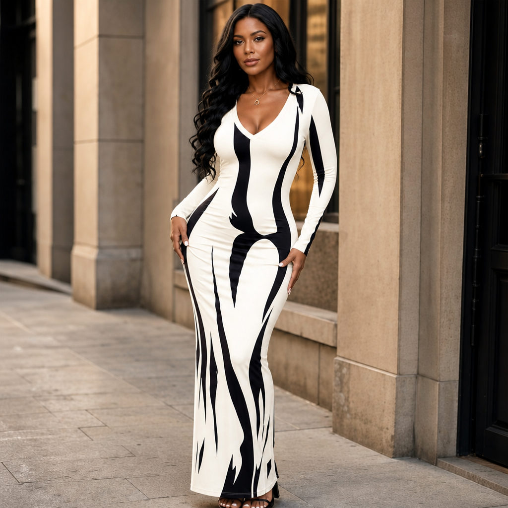 Vivelyn – Printed Long-Sleeve Bodycon Maxi Dress