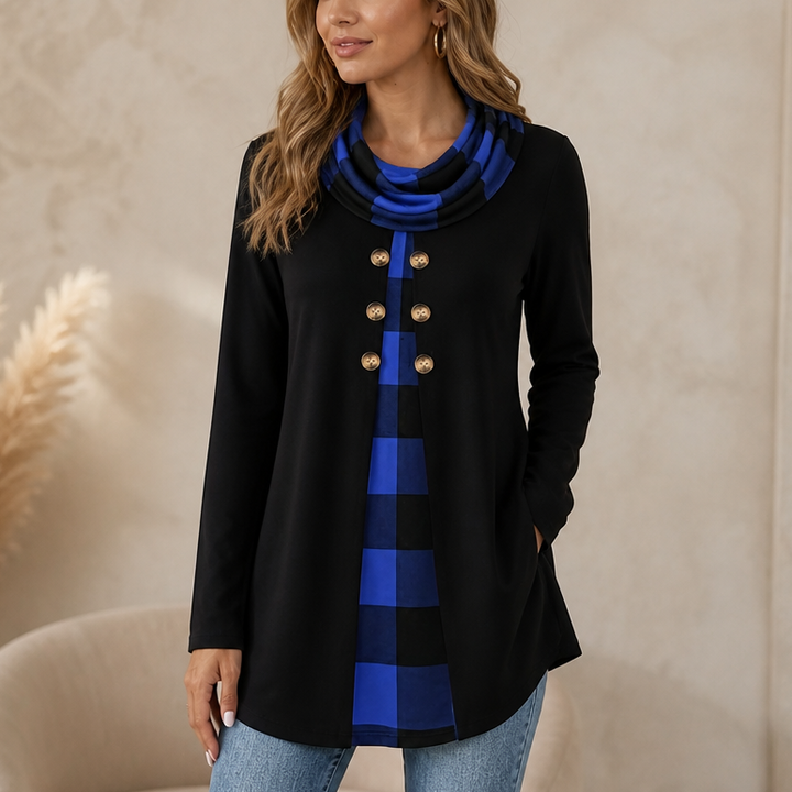 Layerella – Plaid-Detail Faux-Layered Long-Sleeve Tunic