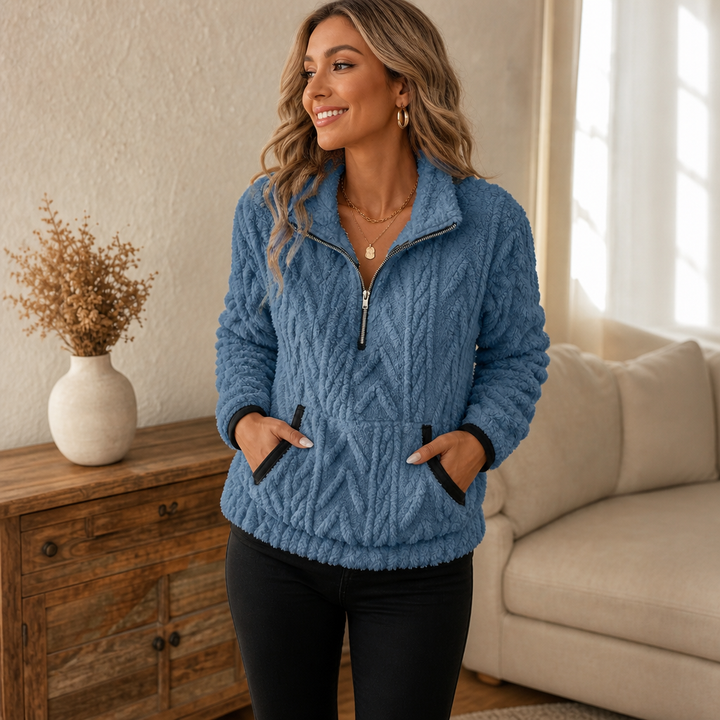 Cloudessa – Half-Zip Fuzzy Pullover With Kangaroo Pocket