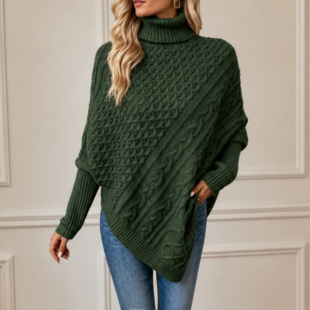 Cablelle – Asymmetric Cable-Knit Turtleneck Poncho