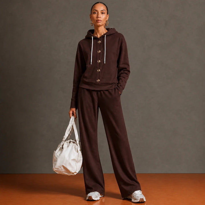 French Terry Button-Front Hoodie And Wide-Leg Sweatpants Set