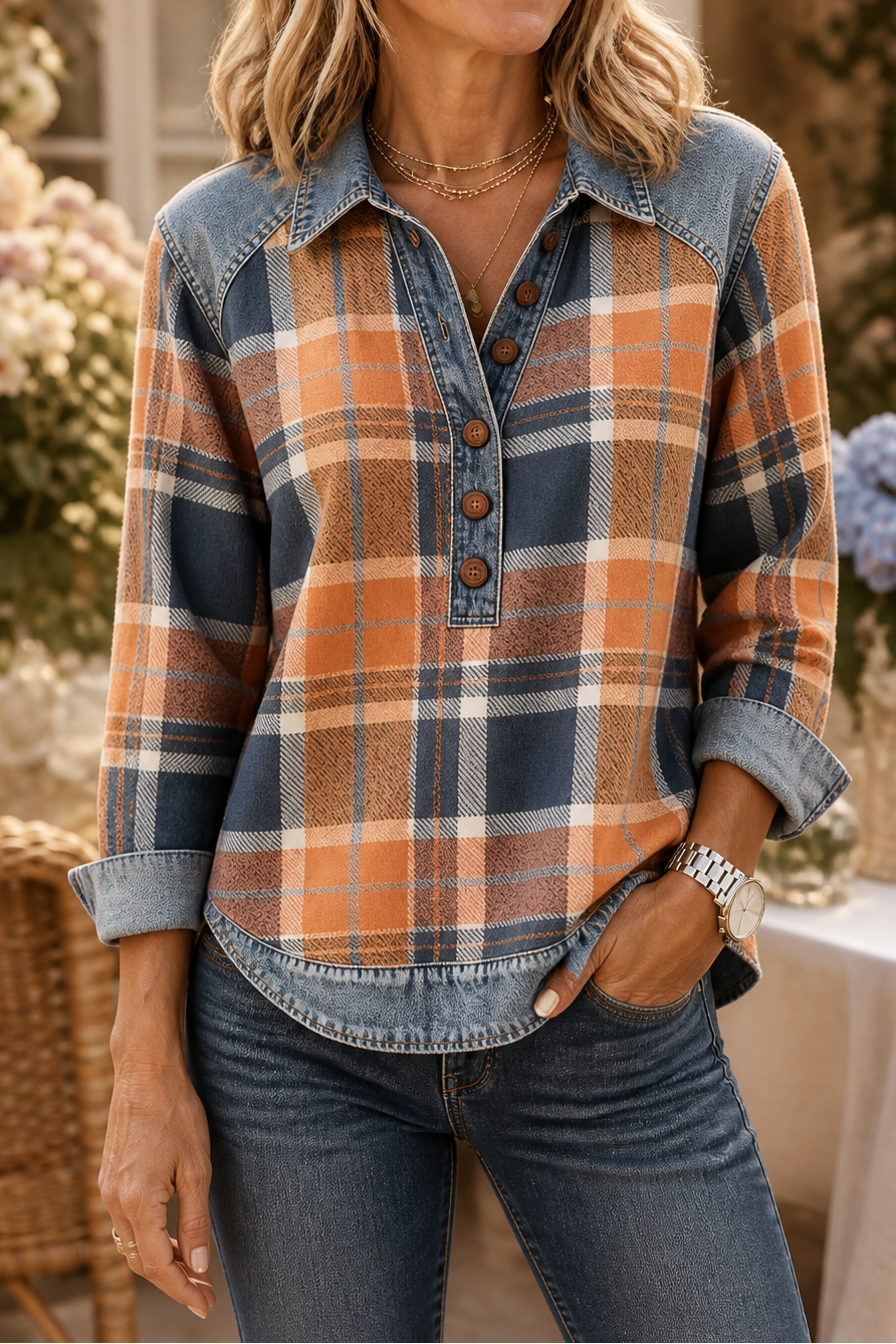 Layerlyn – Denim Patchwork Textured Knit Blouse