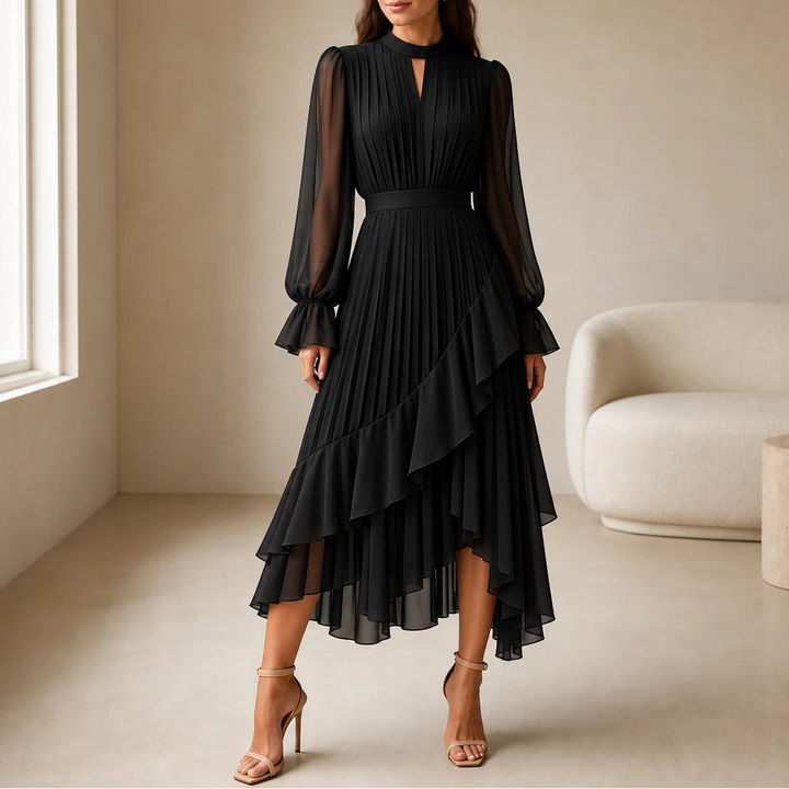 Florenza – Pleated Asymmetrical Ruffle Midi Dress
