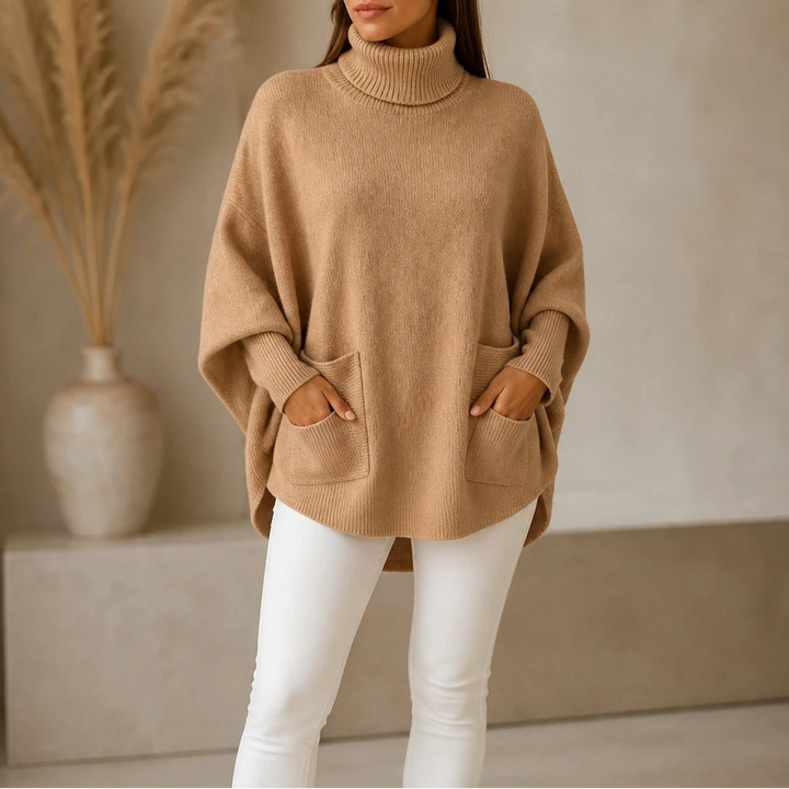 Veloura – Oversized Turtleneck Pocket Poncho Sweater