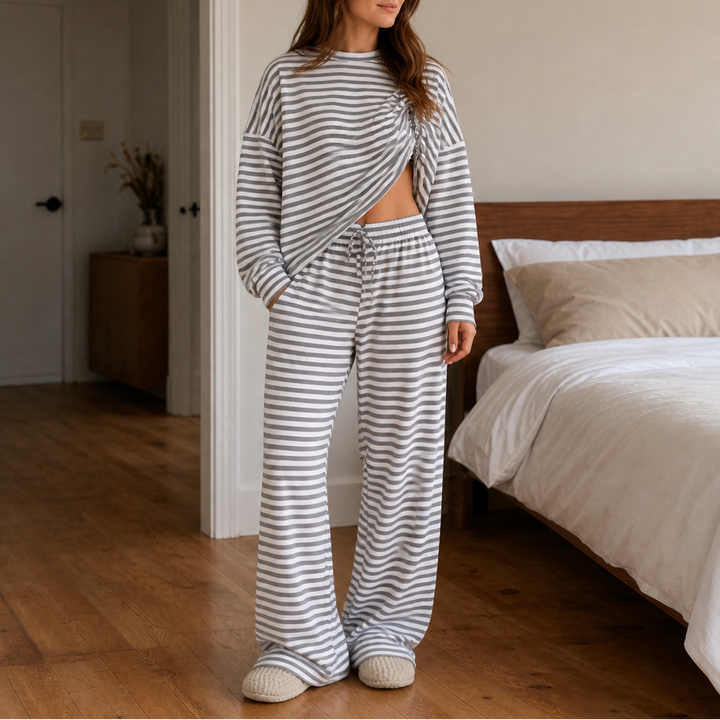 Stripe & Ease – Striped Top And Drawstring Wide-Leg Pants Set