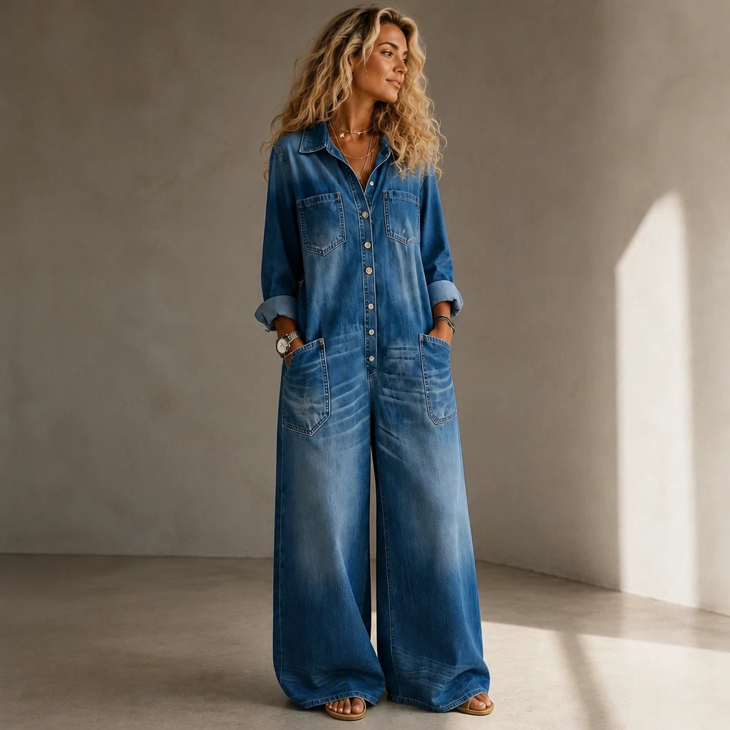 Denimbelle – Button-Front Wide-Leg Denim Jumpsuit