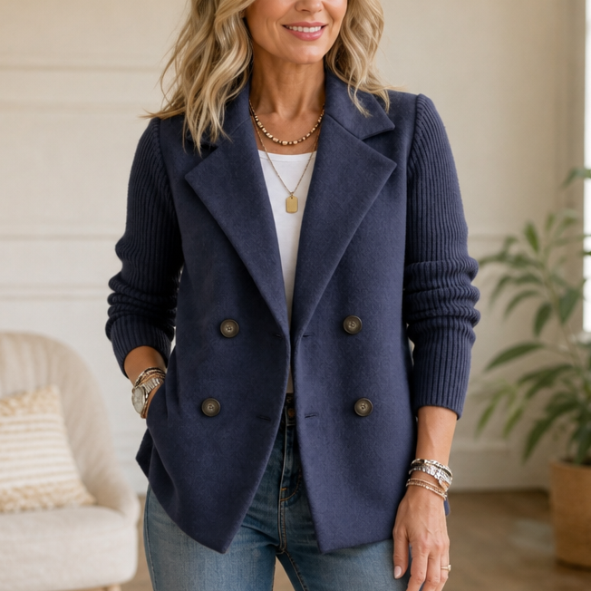 Wearbella – Knit-Sleeve Double-Breasted Blazer