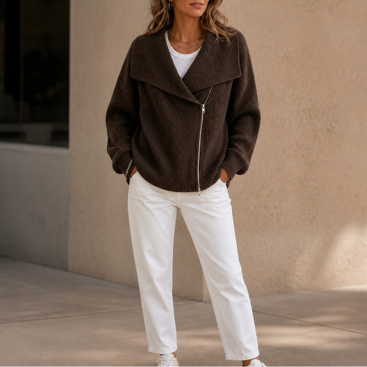 Wearbella – Diagonal Zip Oversized Collar Ribbed Knit Jacket
