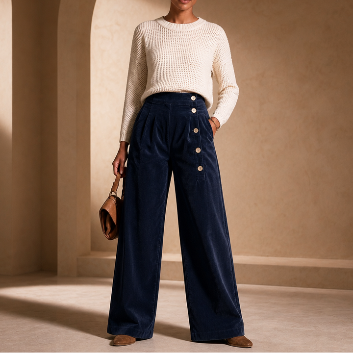 Cordelle – Asymmetrical Button-Front Pleated Wide-Leg Pants