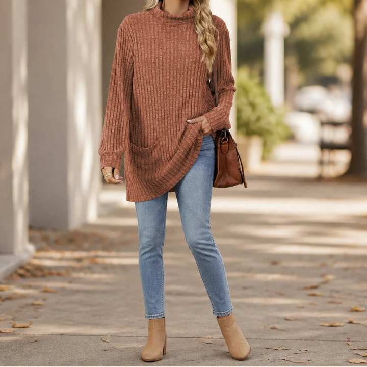 Cozyline – Ribbed Mock Neck Pocket Tunic