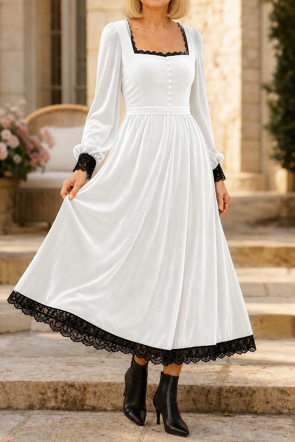 Velourette – Square Neck Fitted Waist Velvet Midi Dress