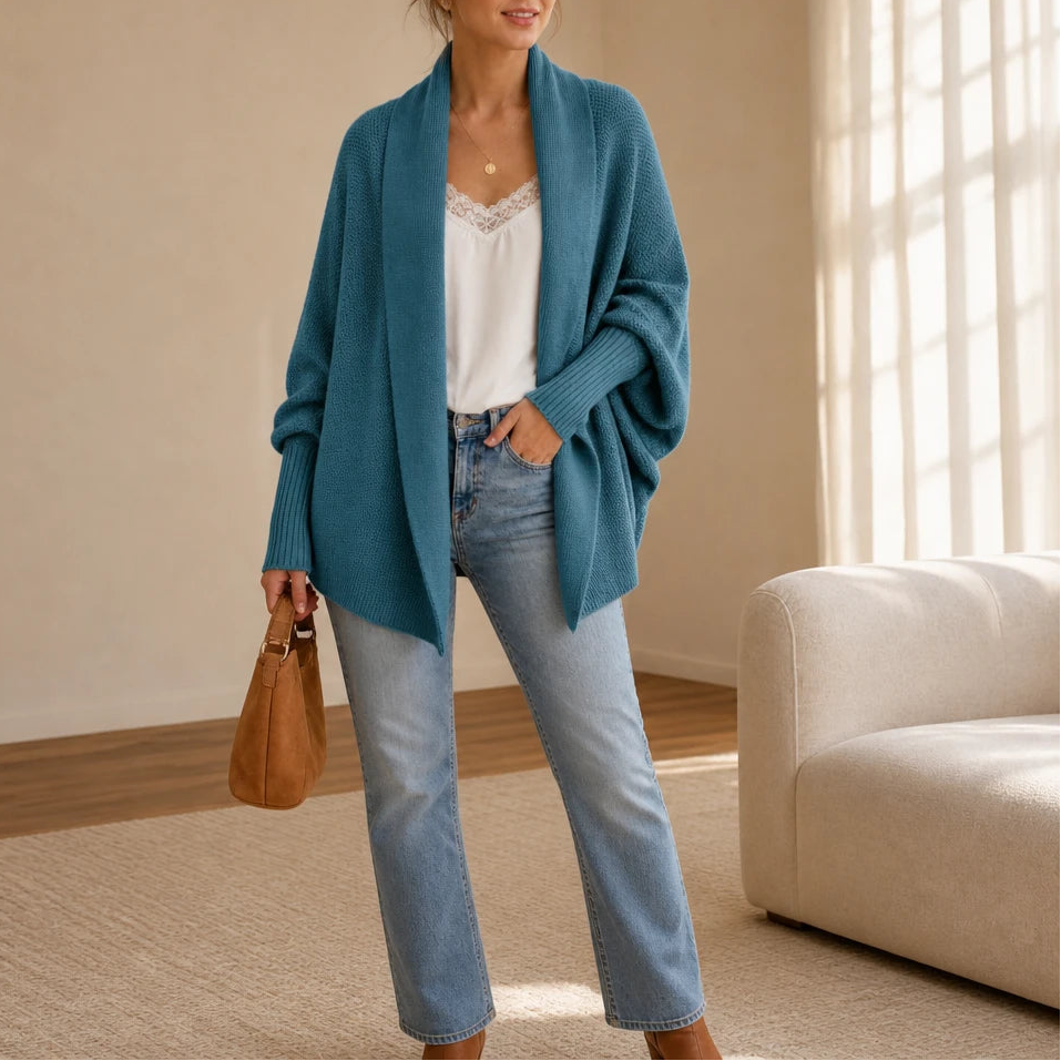 Drapeelle – Textured Batwing Open-Front Knit Cardigan