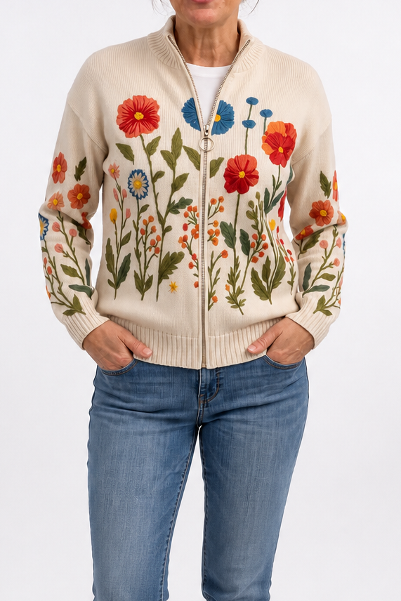 Threezip – Botanical Print Zip-Up Bomber Cardigan