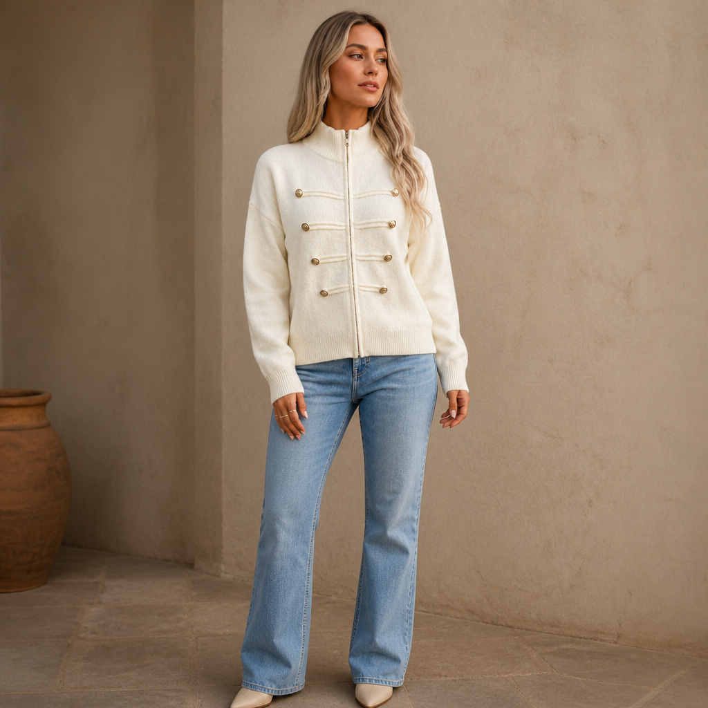 Mayfield – Gold Button Military-Style Knit Cardigan