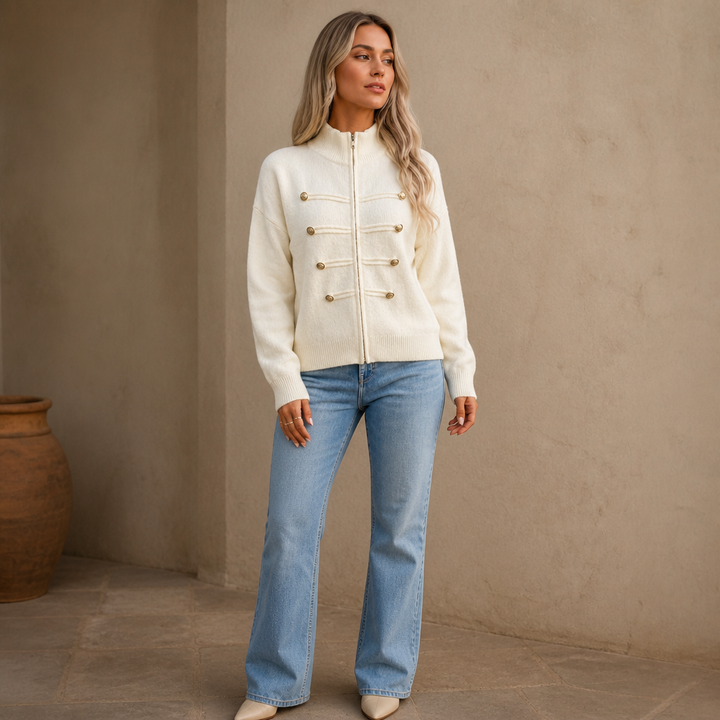 Mayfield – Gold Button Military-Style Knit Cardigan