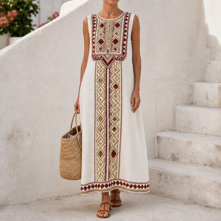 Lineluxe – Red Embroidered Sleeveless Maxi Dress