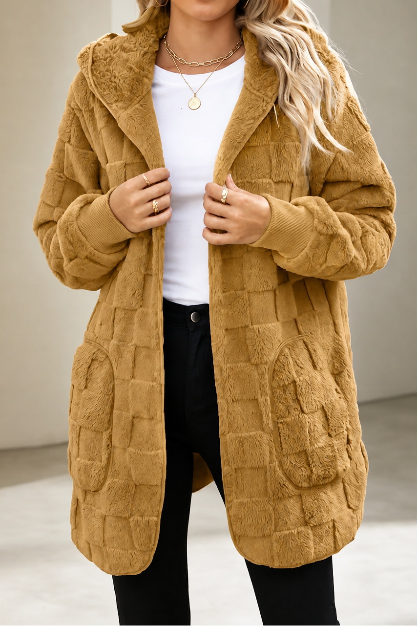Plushden – Checkered Fuzzy Open-Front Cardigan