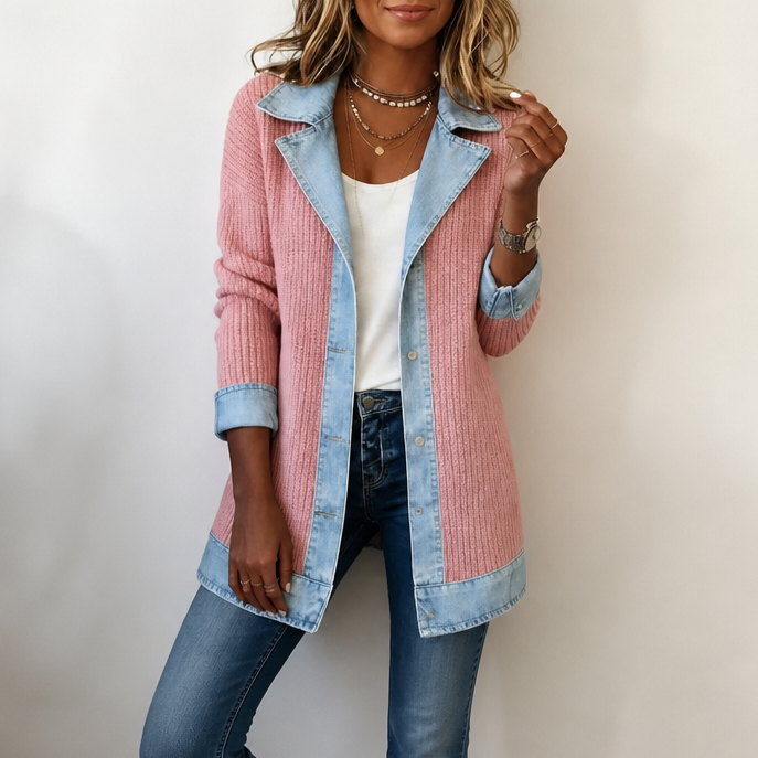 Ribova – Ribbed Knit Coat With Denim Panels