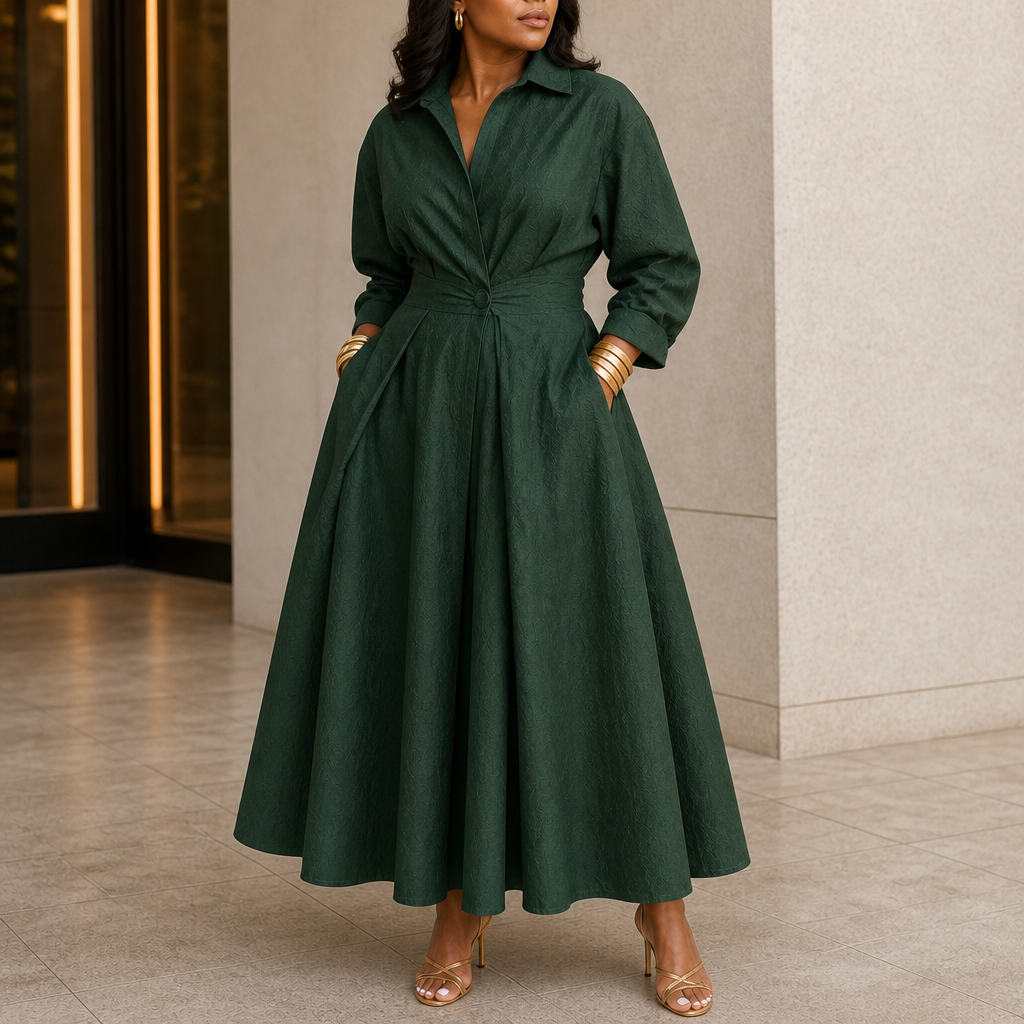 Everly Midi – Belted Long-Sleeve Collared Midi Dress