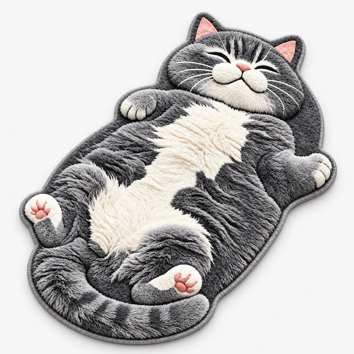 Tabby Tumble – Sleeping Cat-Shaped Plush Area Rug