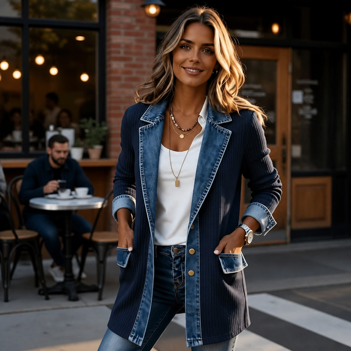 Wearbella – Spliced Denim Ribbed-Knit Longline Jacket