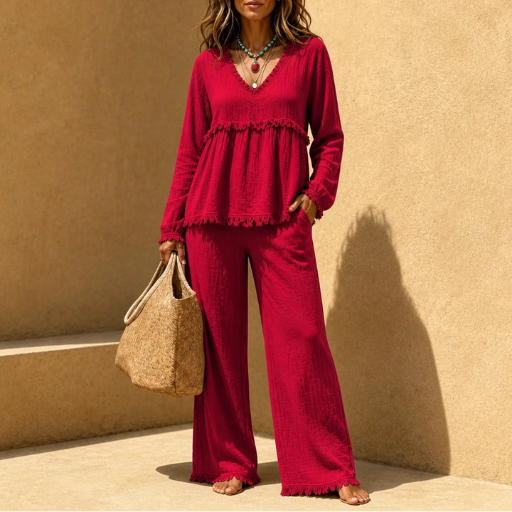 Boho Belle – Fringe-Trim Crinkle Top And Wide-Leg Pants Set