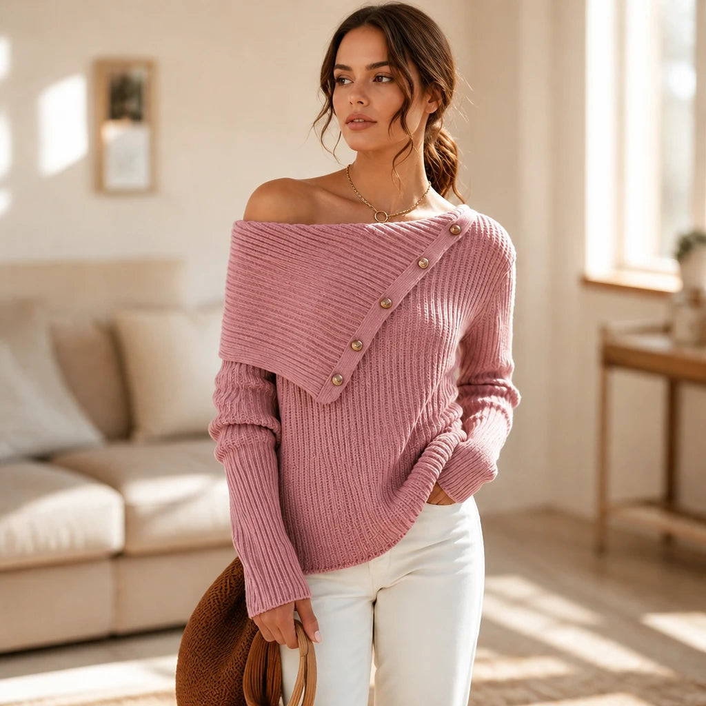 Velora – Asymmetric Button Off-The-Shoulder Knit Sweater