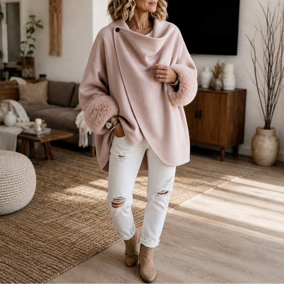 Wearbella – Faux Fur Cuff Asymmetric Wrap Blend Jacket