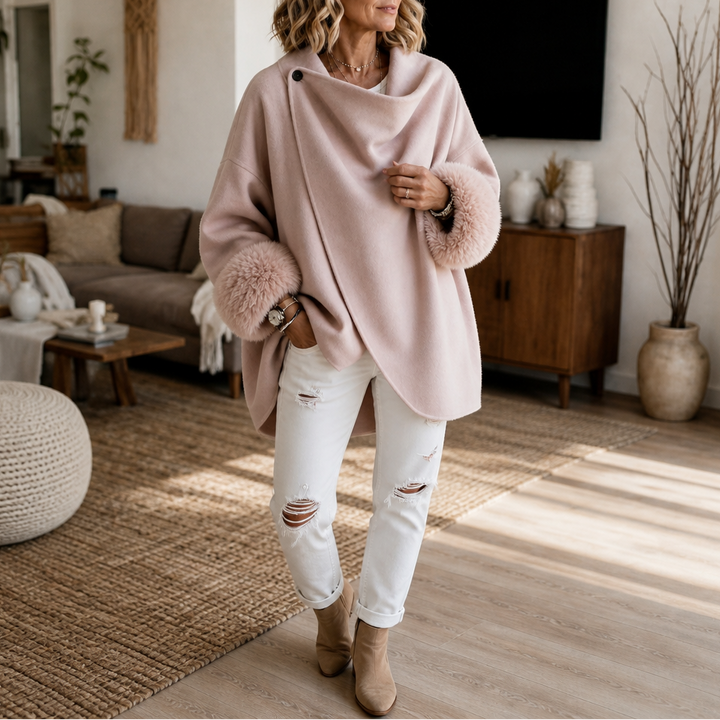 Wearbella – Faux Fur Cuff Asymmetric Wrap Blend Jacket