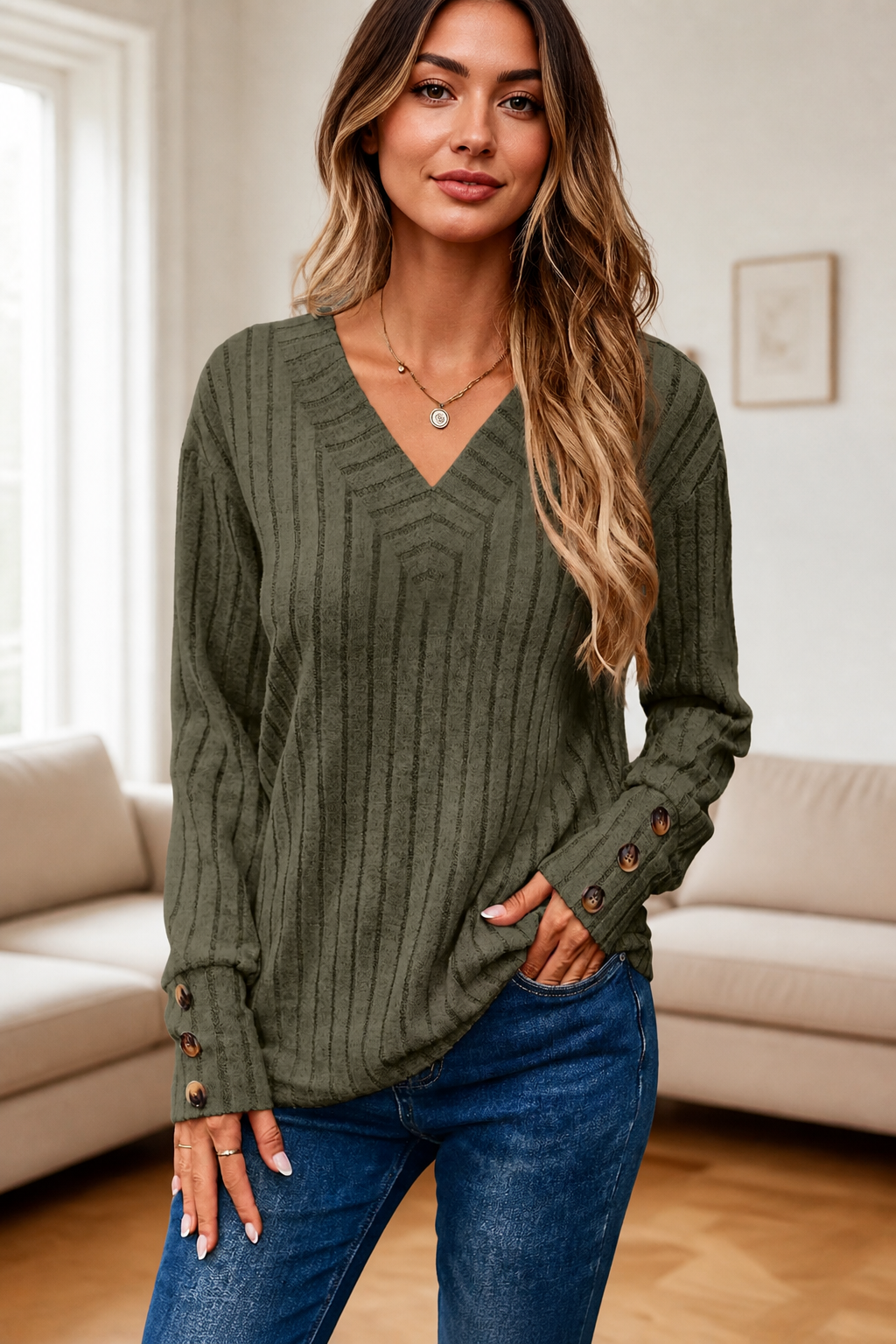 Mavenly – Ribbed V-Neck Button-Cuff Sweater