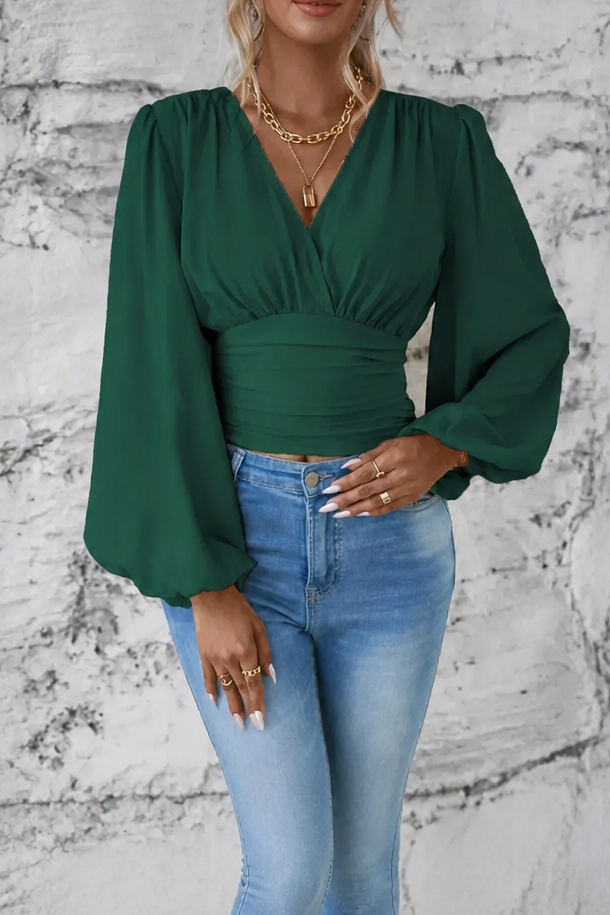 Cinchelle – Ruched Waist Puff Sleeve Chiffon Look Blouse
