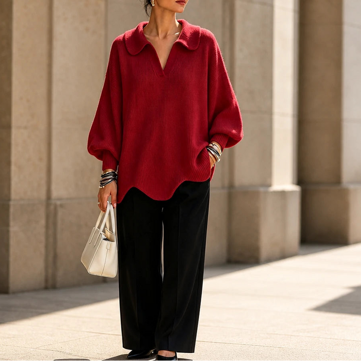 Velluna – Scalloped Hem V-Neck Sweater
