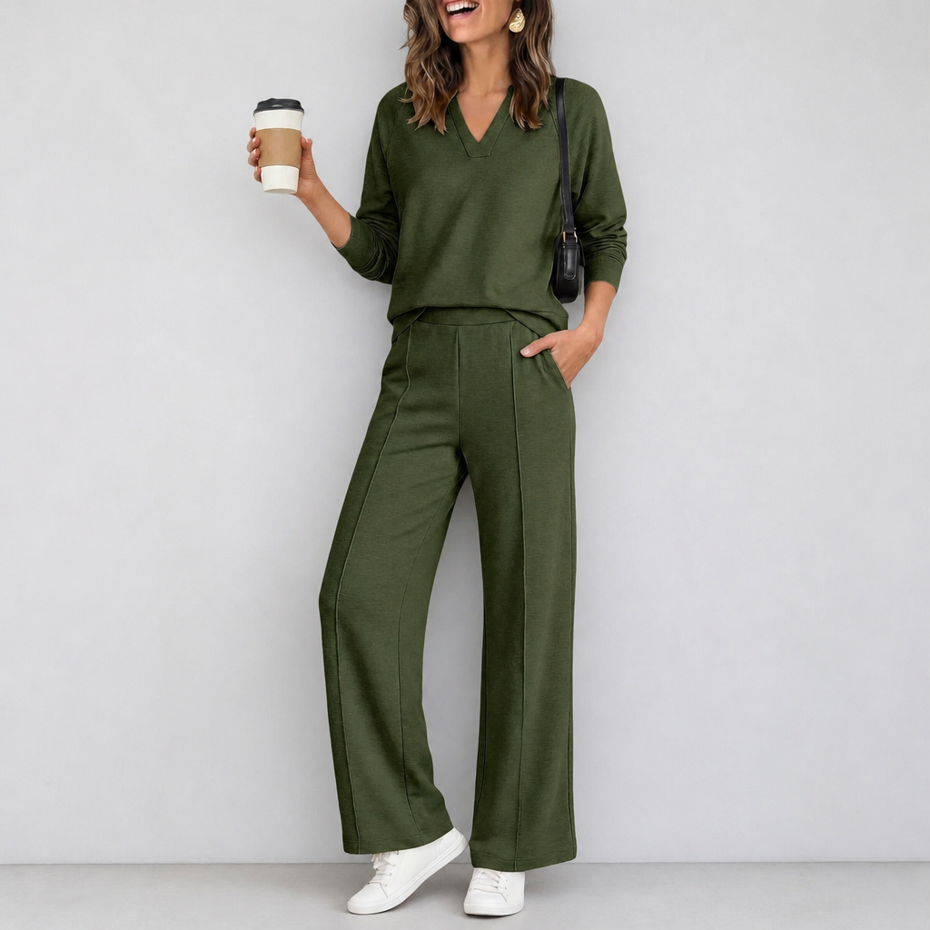 Wearbella – V-Neck Knit Top And Wide-Leg Pants Set
