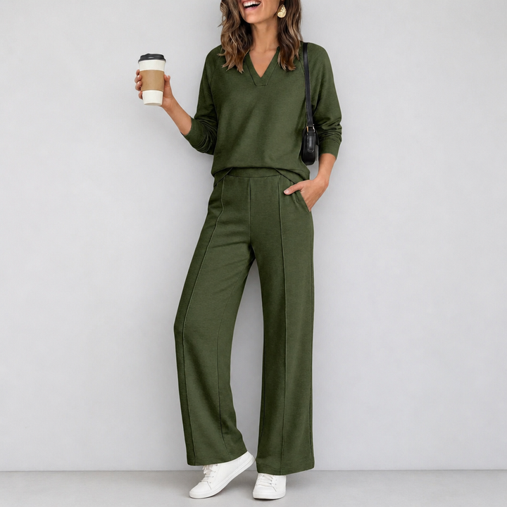 Wearbella – V-Neck Knit Top And Wide-Leg Pants Set