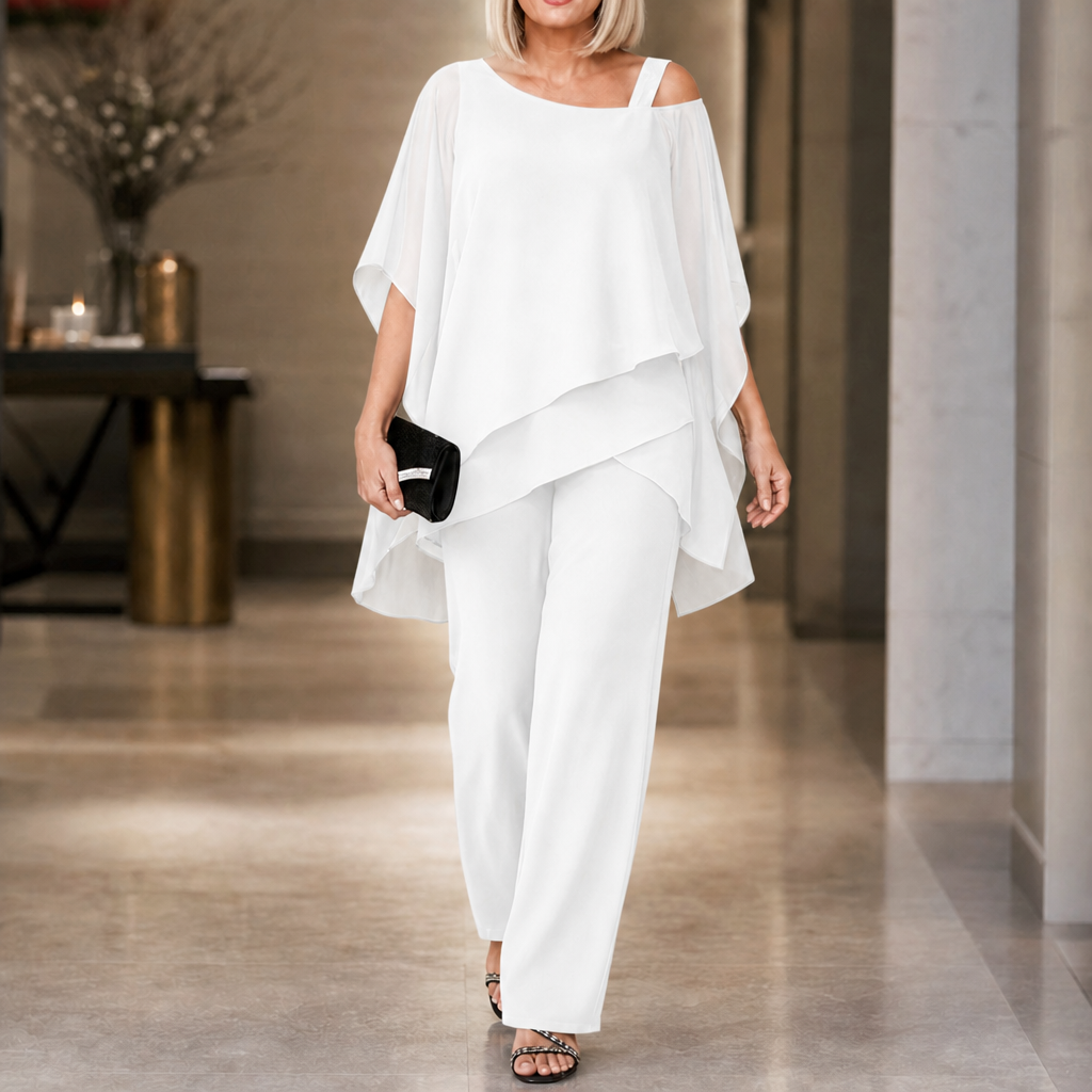 Elowen – Asymmetrical Chiffon Overlay Wide-Leg Pants Set