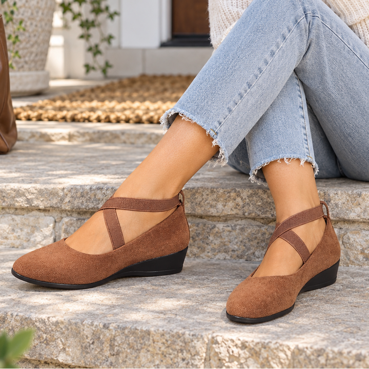 Elara Wedge – Crisscross Elastic Strap Wedge Flats