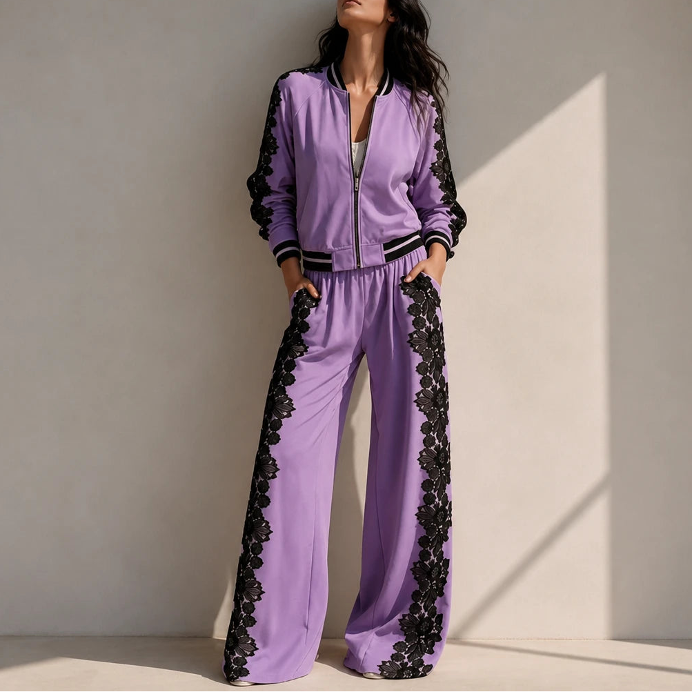 Lace & Leisure – Floral Lace Panel Track Jacket And Wide-Leg Pants Set