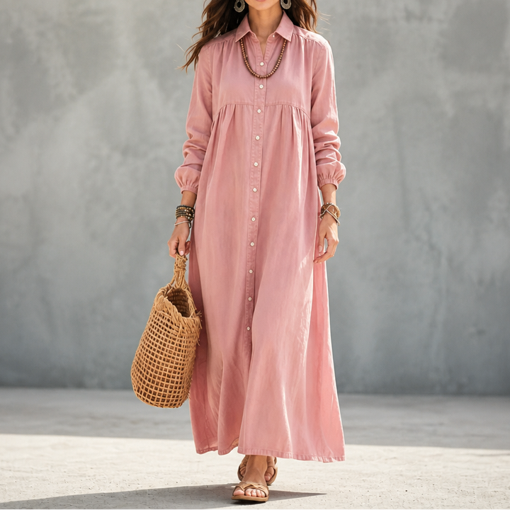 Linora – Button-Through Linen-Blend Maxi Shirt Dress