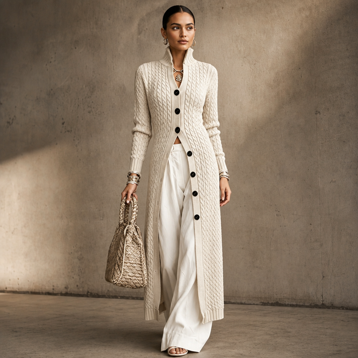 Cablemere – High Collar Cable-Knit Duster Cardigan