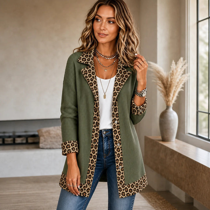 Liora – Leopard-Trim Ribbed Knit Cardigan