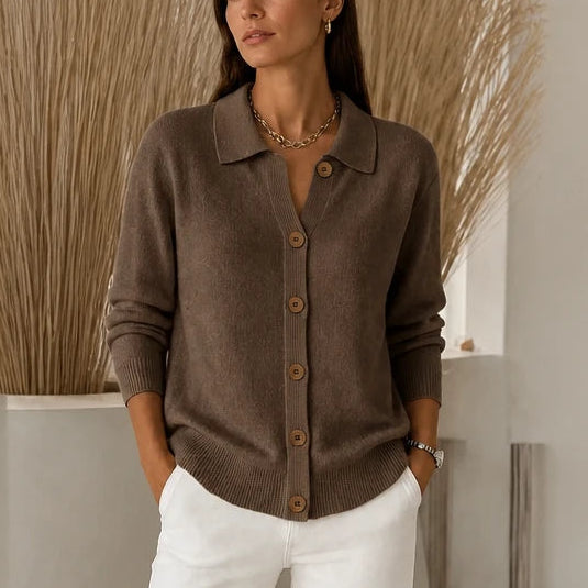 Collara – Turn-Down Collar Contrast-Button Knit Cardigan