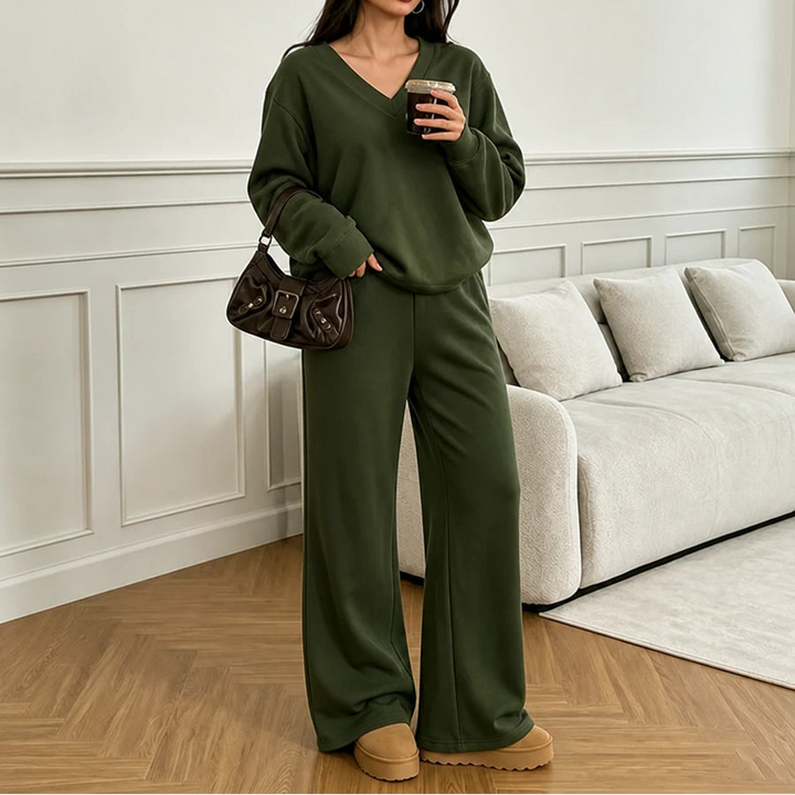 Vivelyn – V-Neck Knit Sweatshirt And Pants Set