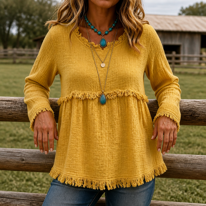 Wearbella – Fringe Trim V-Neck Long Sleeve Top