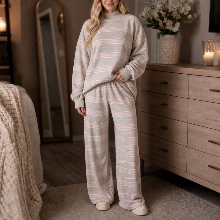 Stripe & Ease – Striped Mock-Neck Top And Wide-Leg Pants Set