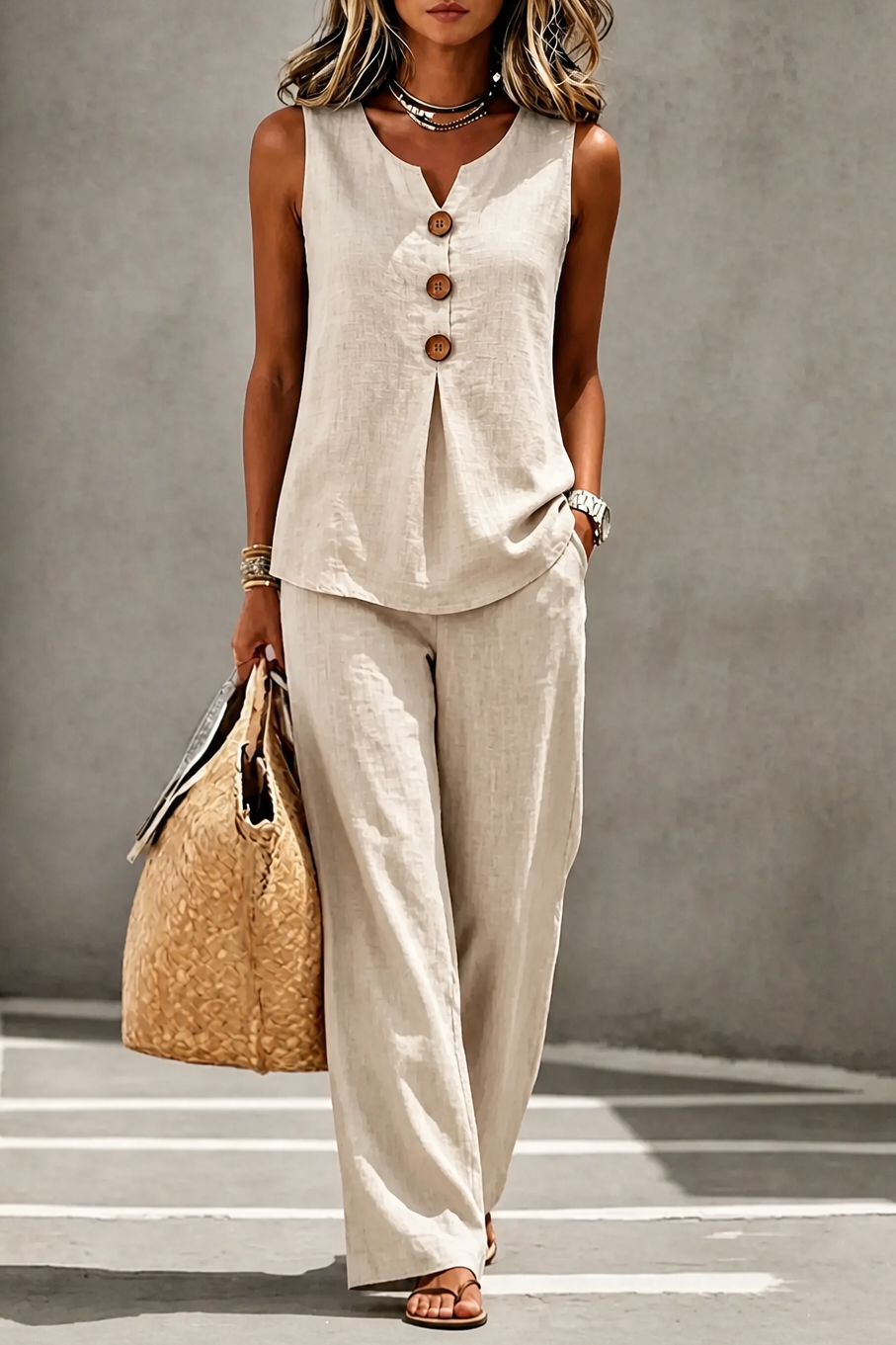 Onehanger – V-Neck Button-Up Vest And Wide-Leg Pants Set