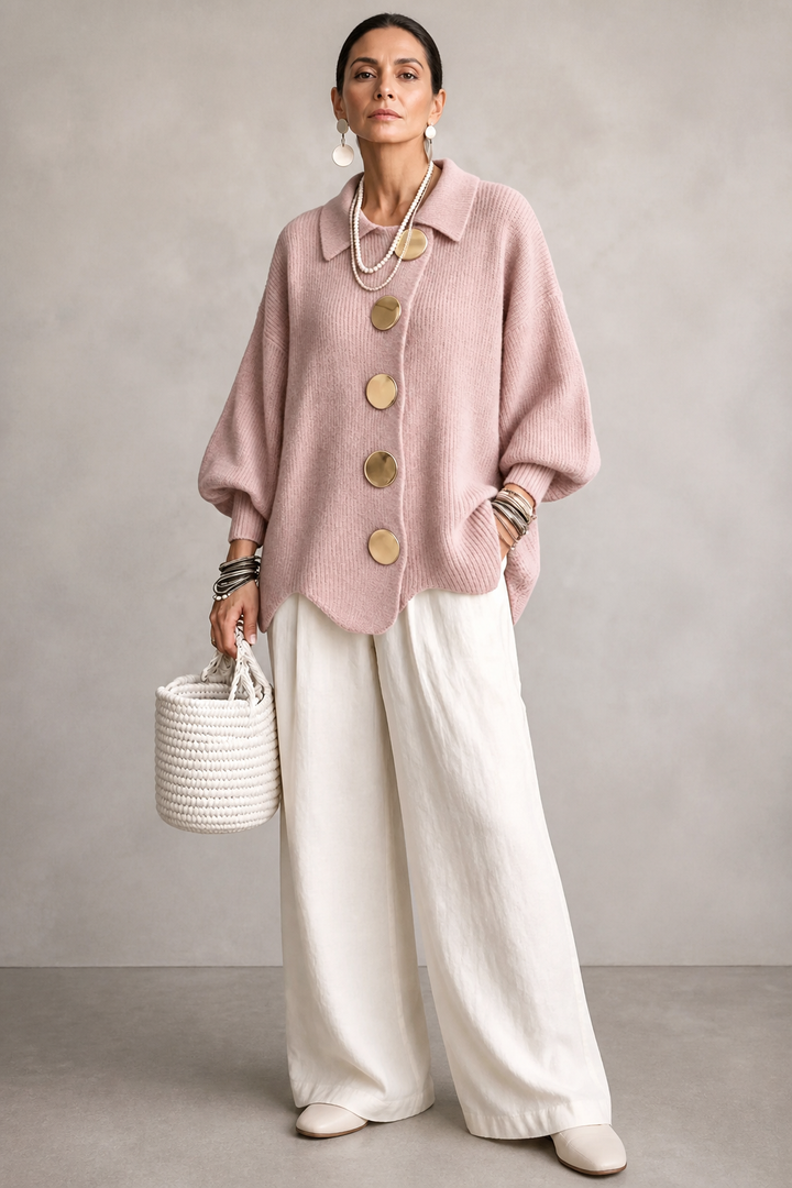 Wearbella – Oversized Scalloped-Hem Button Cardigan