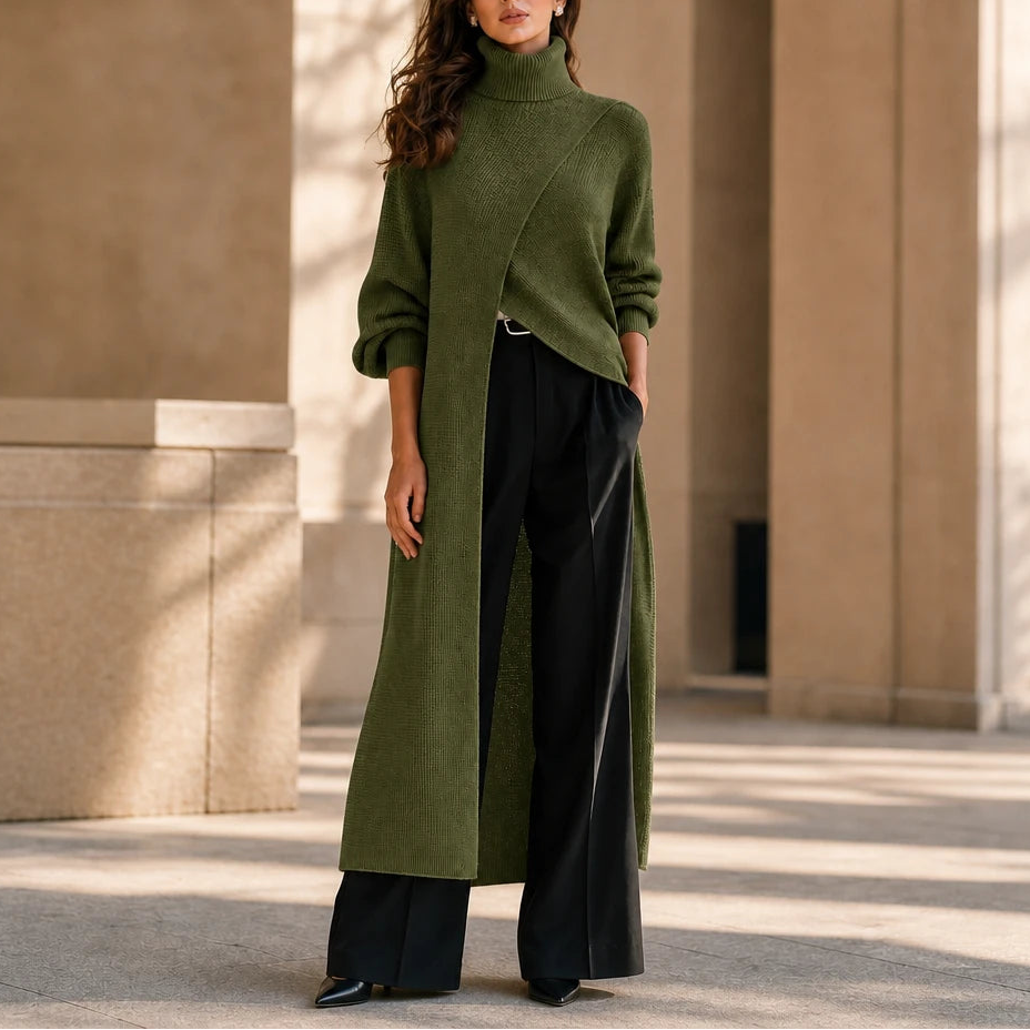 Linevera – Pit-Stripe Ribbed Asymmetric Turtleneck Top